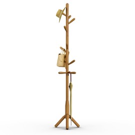 Awatiwa Solid Wood Coat Rack, Freestanding Tree-Shaped Coat Rack with 11 Hooks, Main Pole 1.6" dia for Clothes, Hat Stand Used in Bedroom/Office/Entryway (3-Leg Base, Brown)