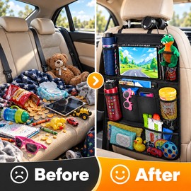 Car Backseat Organizer with Touch Screen Tablet Holder, Multi-Pocket Seat Back Protector for Kids & Family Travel, Oxford Fabric Car Storage Organizer for Snacks, Toys, Wipes and Bottles, Universal Fit, Black 1 pc