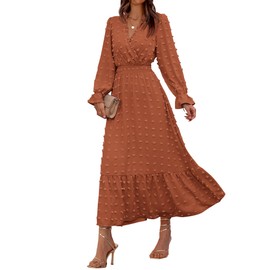 BTFBM Women Fall Dresses 2023 Long Sleeve V Neck Swiss Dots Maxi Dress Boho Long Dress High Waisted A-Line Ruffle Dress(Solid Orange,XX-Large)