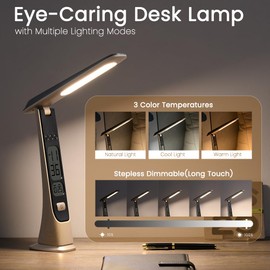 WILIT Rechargeable Lamps Cordless Table Lamp, Foldable Portable Desk Lamp, Battery Operated Lights with Stepless Brightness&Time Display for Home Office, Book Lights, Desk Accesories, Tea White