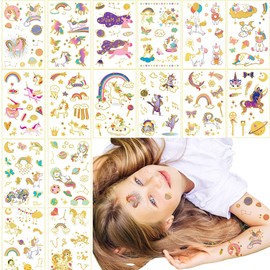 ANIUVOT 16 Pcs Tattoo Stickers Unicorn Glitter Kids Gift Kids Reward Stickers, 160+ Gold Metallic Unicorn Body Seal, Temporary Metal Fancy Dress Props Water Transfer Face Stickers, Decorations, Cosplay Props for Birthdays, Cultural Festivals, School Fest