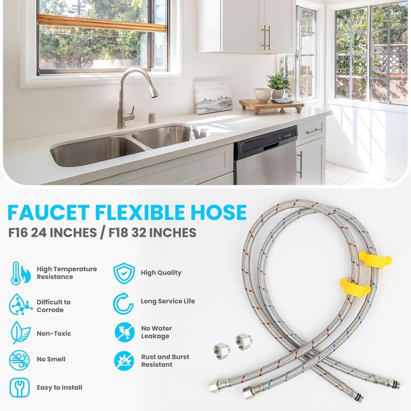 Klabb Sink Faucet Water Line Kit, 32" Flexible Braided Connector