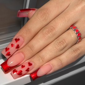 24 Pcs Red Heart Press on Nails Medium Square Valentine’s Day Fake Nails Glossy Red French Tip Glue on Nails Full Cover Cute Red Hearts Stick on Nails for Women Valentines Finger Manicure Decorations