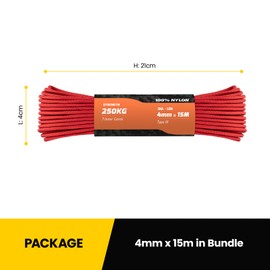Kamu Synber 550 Paracord 4mm 15m Type III 7 Strands 100% Nylon Rope Parachute Cord Ideal for Crafting, DIY, Camping, Survival, Outdoor | Support 250kg | Red