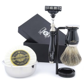 Haryali London Black Shaving Set - 5-Piece Shaving Set - 3 Razor Blades - Super Badger Hair Shaving Brush - Shaving Stand - Shaving Soap and Shaving Bowl