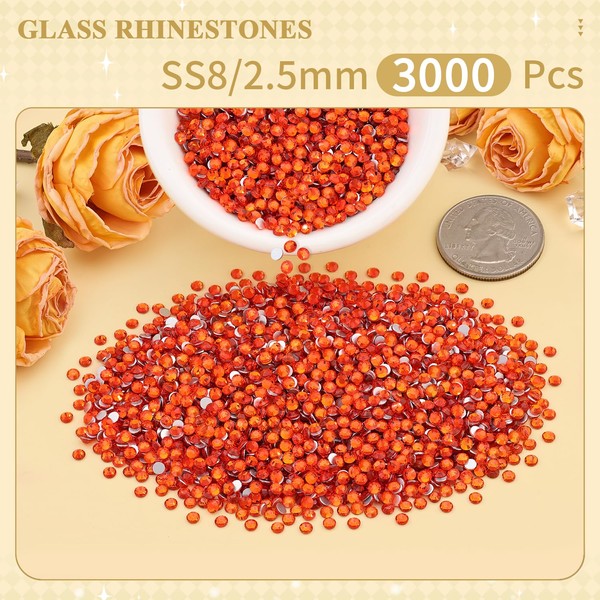 BELLEBOOST 3000PCS SS8/2.5mm Crystal Rhinestones (Orange/Hyacinth), Bedazzling Flatback Glass Rhinestones