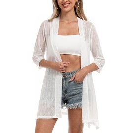 iClosam Womens Sheer Cardigan Casual 3/4 Sleeve Lightweight Cardigan Loose Open Front Beach Summer Cover Up Tops Pure White