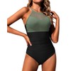 Green Black Tummy Control One Piece Swimsuits - Women High