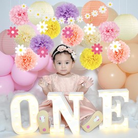 Daisy Party Decorations Boho Rainbow Daisy Flower Hanging Swirls Pastel Tissue Paper Pom Poms Lanterns Pink Peach Banner White for Birthday Women Girl Baby Shower Bridal Shower Wedding Bachelorette