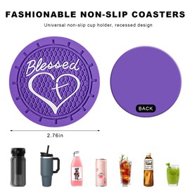 NYTKL 2PCS Car Cup Holder Coaster, 2.76 Inch PVC Anti Slip Car Cup Insert Coaster with Blessed Cross and Heart, Shockproof Dustproof Drink Mat Universal for Most Vehicles Interior (Dark Purple)