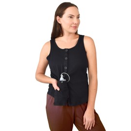 Inspired Comforts Post Surgery Mastectomy Recovery Ribbed Tank top with Drain Pocket & Button Front Black
