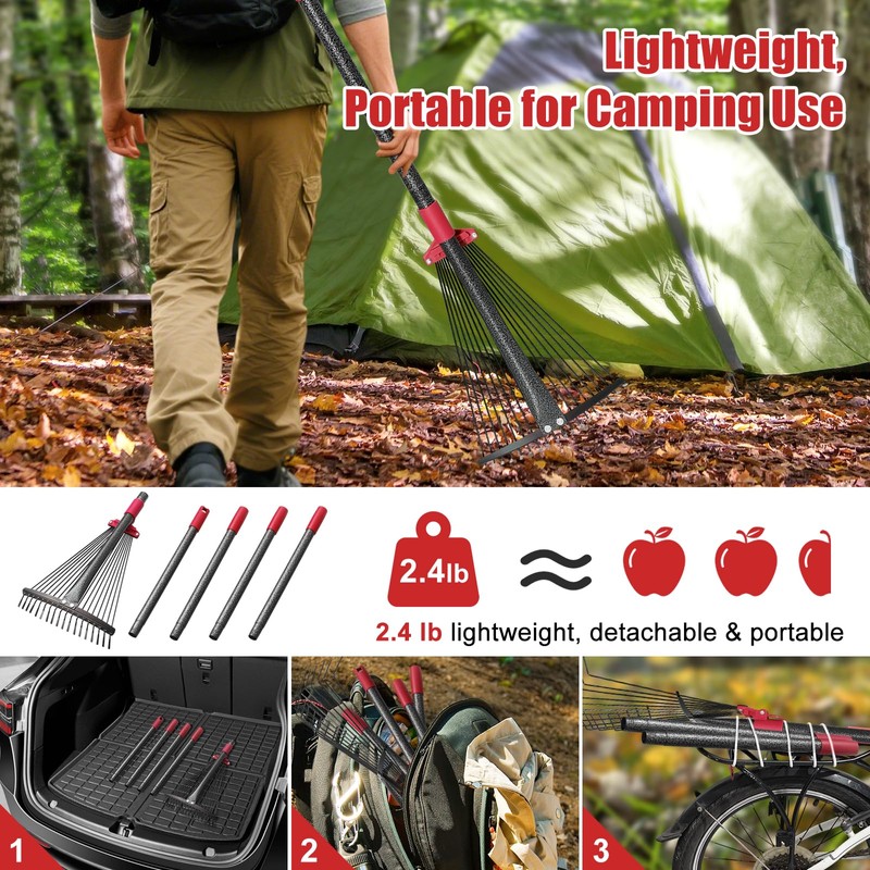 Adjustable Garden Leaf Rake - 58" Heavy Duty Metal Leaves