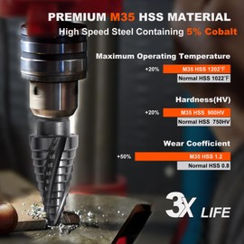 COMOWARE M35 Cobalt Step Drill Bit for Metal, 4 Spiral Flute, 3/8” Hex Shank, 12 Step Size from 3/16" to 7/8", Hole Drill Bit for Stainless Steel, Steel Sheet Aluminum Copper Plastic Wood Board