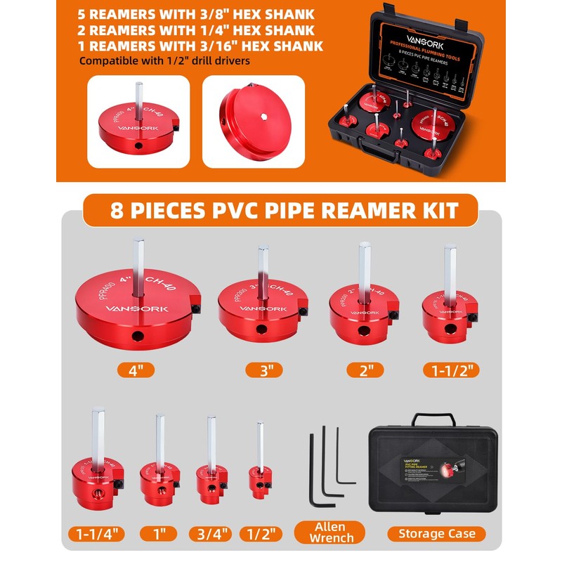 VANSORK 8 Pieces PVC Pipe Reamer Kit with 1/2 inch,