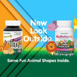 NaturesPlus Animal Parade Children’s Multivitamin - Natural Assorted, Cherry, Orange, and Grape Flavours, Chewable Animal Shaped Tablets - Gluten Free (90, Assorted Flavours)