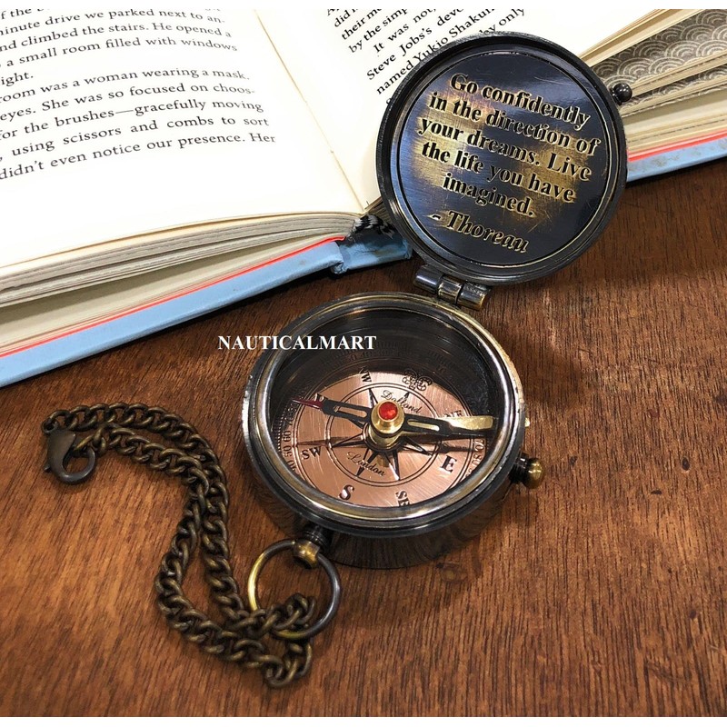 Thoreau's Go Confidently Quote Engraved Compass with Stamped Leather case,