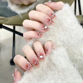 KTAABTR 24Pcs Heart Press on Nails Medium Square Nails Valentines Fake Nails with Glue Heart Nail Charms Design Valentines Heart Line Stick on Nails for Women DIY Manicure Decoration