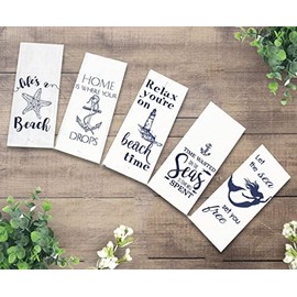Set of 5, 100% Cotton Nautical Coastal Design Funny Cute Saying Flour Sack Kitchen Towels/Dish Towels for Wedding, Baby Shower, Home Decor, Housewarming, Other Occasions Size: 16 X 28 Inch.