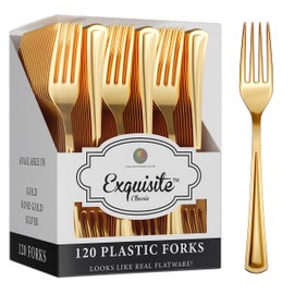 120 Pack Gold Plastic Forks Heavy Duty - Gold Disposable Silverware - Gold Plastic Silverware - Gold Forks Disposable - Plastic Silverware Heavy Duty For Catering, Parties, Weddings & More Exquisite