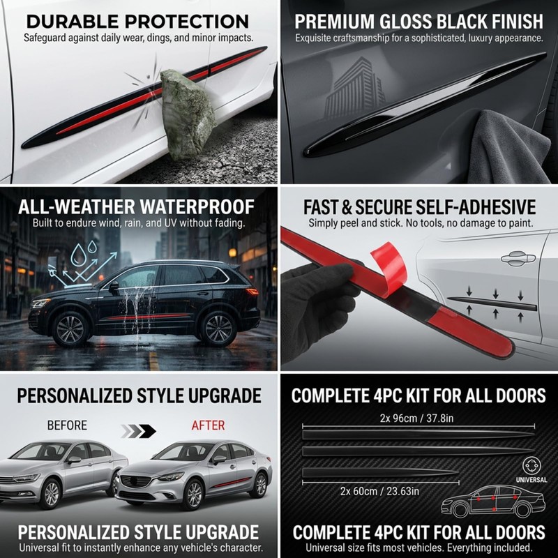 Black Car Door Side Body Guards, 4PCS Body Side Trim