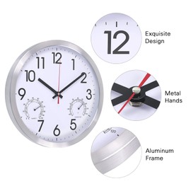 Vigorwise 14Inch Wall Clock Battery Operated Aluminum Frame Wall Clocks, Silent Wall Clocks with Temperature & Humidity, Decorative for Home Housewarming Living Room