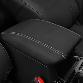 INTGET Car Center Console Armrest Cover for 2024 2025 Ford Explorer Accessories 2020 2021 2022 2023 Leather Middle Arm Rest Dog Seat Cover Console Lid Protector(Black with White Stitches)