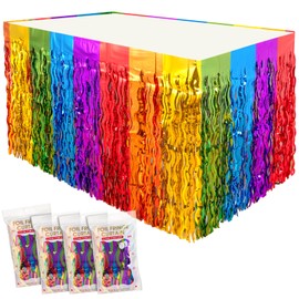 4 Pack Wavy Rainbow Table Skirts, Rainbow Party Decorations, Metallic Tinsel Foil Fringe Table Skirt for Birthday Wedding Party Rainbow Party Supplies