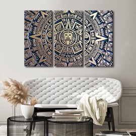 TUMOVO Mexican Wall Art Painting Aztec Calendar Bedroom Living Room Wall Decor Aztec Sun Stone Framed Modern Pictures Canvas Prints Artwork for Wall Decor Bathroom Office Decorations, 36" Wx24 H
