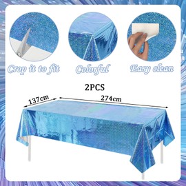 2pcs 137x274cm Blue Tablecloth for Blue Party Decorations,Plastic Holographic Table Cloths Foil Table Cover Metallic Disco Tablecloth for Outdoor Picnic,Birthday,Christmas Party Decorations