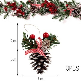 FainFun Christmas Tree Decorations Pine Cones, Pack of 8, 6 x 5 cm, Decorative Christmas Pine Cones Pendants, Large Pine Cones Decoration with Snow, Red Berries, Leaves, for Christmas Tree, Party