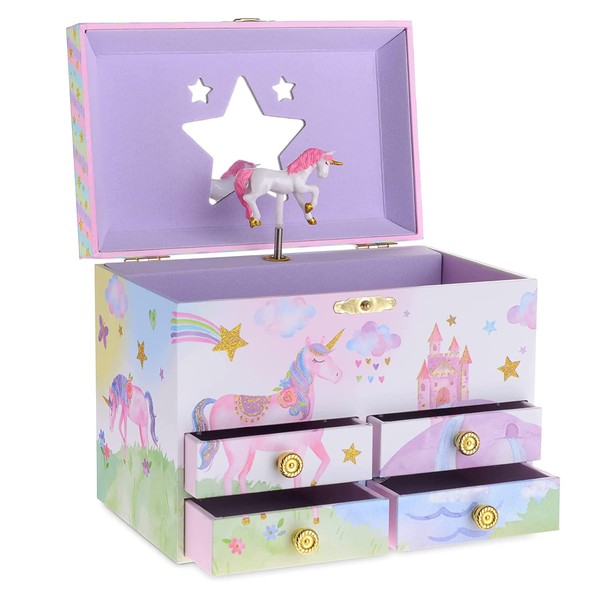Jewelkeeper Musical Jewelry Box for girls with 4 Pullout Drawer - Party Unicorn Jewelry box, Beautiful Dreamer Tune & unicorn doll, great Unicorn gifts for Girls & jewelry storage box