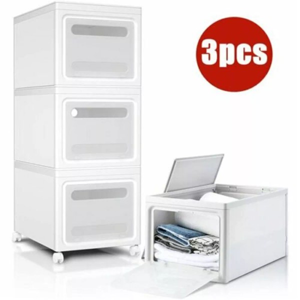TKOOFN 3x Foldable Storage Containers Bins with Doors & Wheels