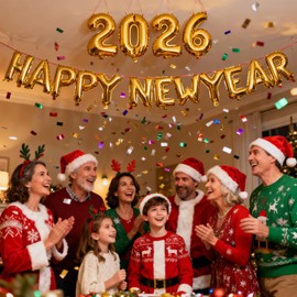 Gold 2026 Happy New Year Balloons Banner, 16 Inch Number Letter Foil Balloons for 2026 New Year's Eve Party Home Indoor Decoration Supplies