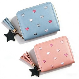 KGCGJVB 2Pcs Cute Wallets for Women Pink Blue PU Leather Small Card Holder with Heart-Embroidery Y2K Style Zipper Coin Purse Credit Card Wallet with Tassel Pendant