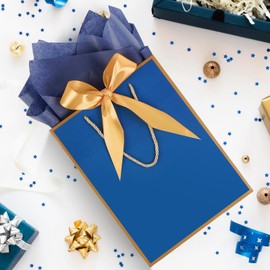 Gfractolux Large Gift Bags, 1 Pack Gift Bags with Tissue Paper and Cards, Gift Bags with Handles for Birthdays, Baby Shower, Weddings, Party Favor, Holiday Presents 9.8"X 12.6" X 4.3" Blue-Gold