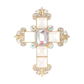Baroque Cross Rhinestone Brooch Pin For Women Vintage Statement White Square Cabochon Crystal Center Coat Sweater Scarf Accessory (Gold)