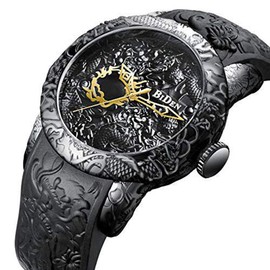 Dragon Watches for Men 3D Engraved Big Face Gold Watches (Black)