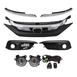 QPCRAP Front Bumper Hood Grille & Fog Lights Lamps Set with Wiring and Harness Fit for Honda Civic 2016 2017 2018 (7Pcs)