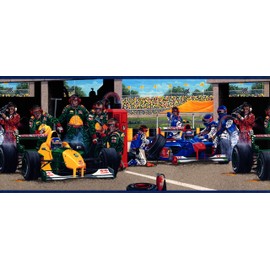 CONCORD WALLCOVERINGS ™ Wallpaper Border Sports Pattern Pit-Stop Racetrack Cars for Kid's Bedroom Playroom, Blue Green Yellow Red, 15 Feet by 10.25 Inches CT102182