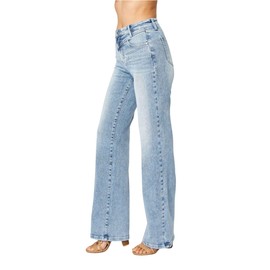 Judy Blue Women's High Waist Front Yoke Retro Wide Leg Jeans (Medium Blue, 15)