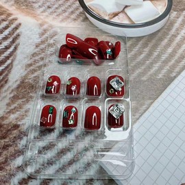 24Pcs Dark Wine Red Press on Nails Short Square Fake Nails Wine Rhinestones Design Glossy Red Solid Color False Nails Natural Artificial Acrylic Nails Stick on Nails for Women DIY Nail Decorations