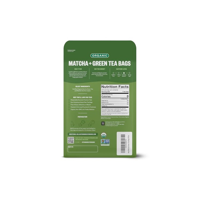 FGO Té Matcha y Verde Japonés Orgánico, 100 Bolsitas de