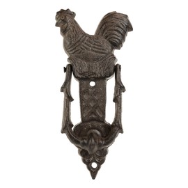 Ebros Gift 8.75" Tall Cast Iron Metal Rustic Farmhouse Rooster Chicken Door Knocker Statue with Built in Striking Plate Birds Home Decorative Garden Barn Cabin Cottage Accent Sculpture