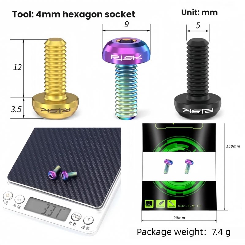JMFahrrad Titanium Bicycle Water Bottle Cage Screws, Black, 2-Pack