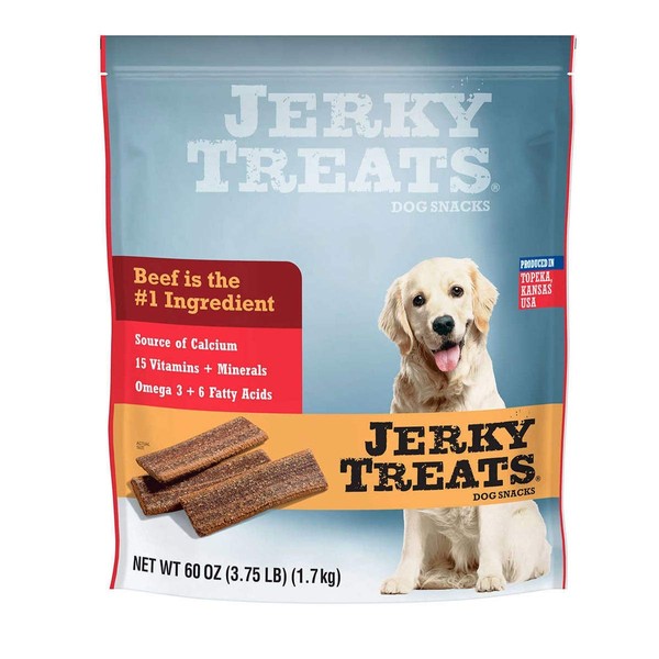 Jerky Treats Tender Beef Strips Dog Snacks 15 Vitamin& Mineral& Omega 3 Made in USA, 60 oz, New Packaging (1 Pack)