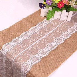 Camino de mesa de arpillera de encaje Burlap yute boda nupcial fiesta decoración de mesa (30,5 x 274,3 cm), Marrón, 1