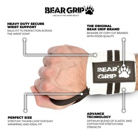 BEAR GRIP - Premium weight lifting wrist support wraps, (Sold in pairs) (White)