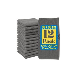 Symphony Flannel Face Cloth 12 Pack Washcloths Set for Sensitive Skin-Reusable Face Towels (30x30cm) for Unisex Adult Spa Gym Sport Beauty, Premium Quality Fingertip Towel, Grey