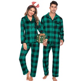 SWOMOG Matching Couple Christmas Pajamas Set Long Sleeve Festival Party Pj Set Button-Down Sleepwear Big Green Plaid Large