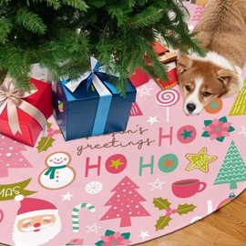 48 inches Pink Christmas Tree Skirt, Pink Cartoon Christmas Tree Pattern Xmas Tree Skirt Christmas Decorations for Party Indoor Christmas Tree Decoration